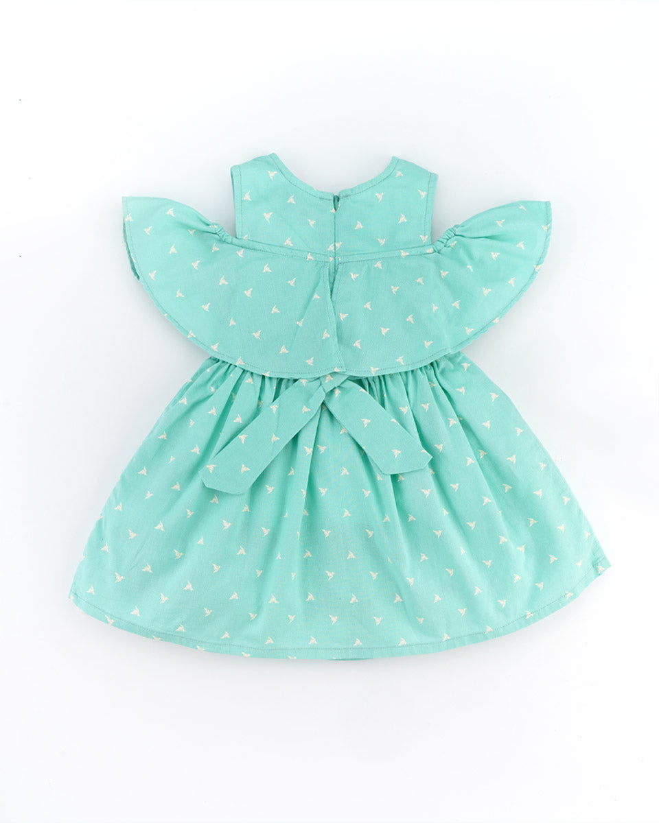 Charming Flutter-Sleeve Dress for Girls (Available in White, Blue, and Sea Green