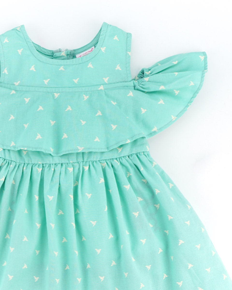 Charming Flutter-Sleeve Dress for Girls (Available in White, Blue, and Sea Green