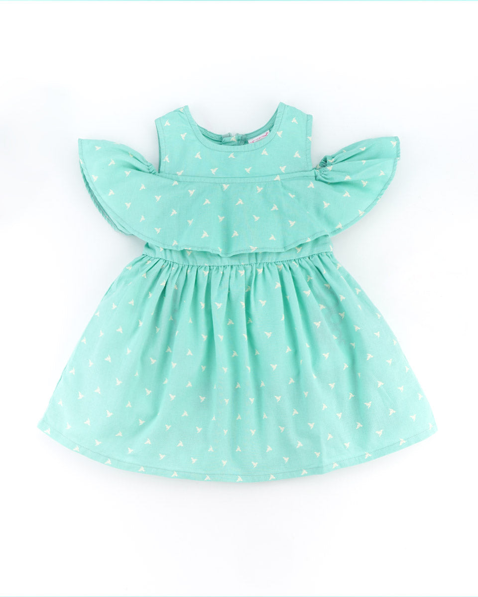 Charming Flutter-Sleeve Dress for Girls (Available in White, Blue, and Sea Green