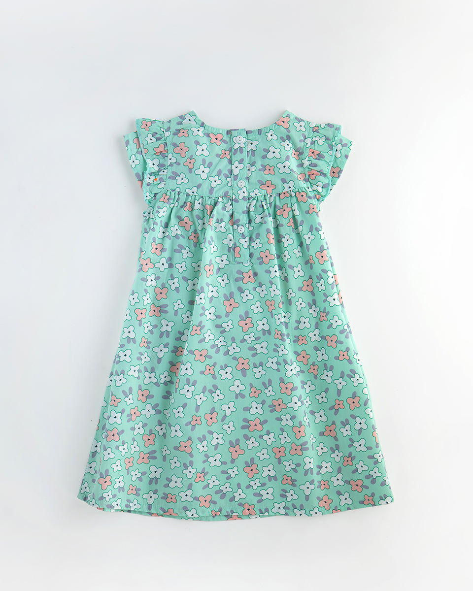 Adorable Sea Green Floral Dress for Girls in Pure Cotton