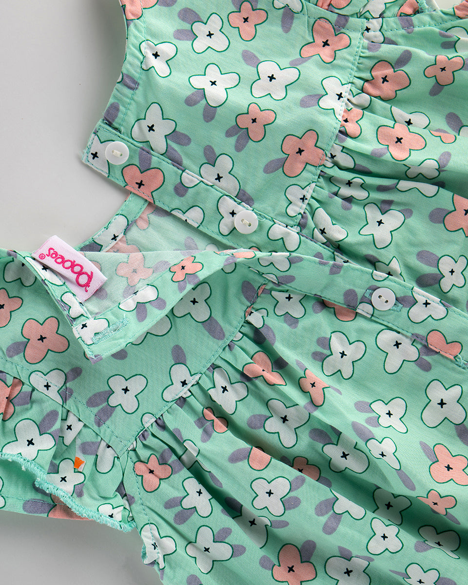 Adorable Sea Green Floral Dress for Girls in Pure Cotton