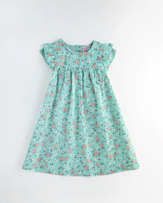 Adorable Sea Green Floral Dress for Girls in Pure Cotton