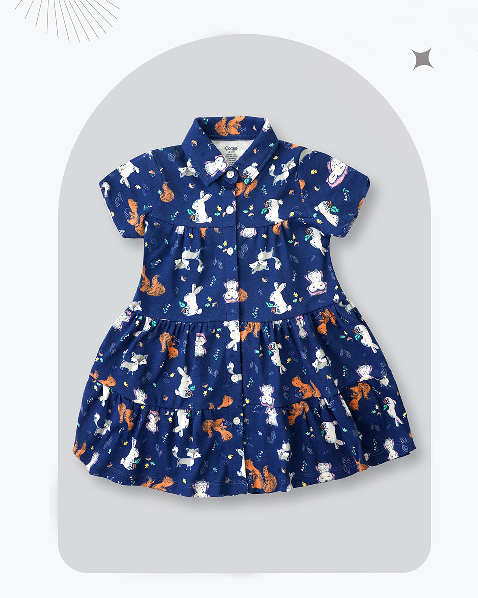 Navy Blue Animal Print Shirt Dress for Little Stars