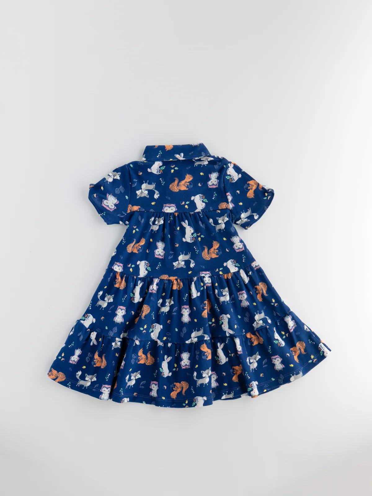 Twirl in Style: Navy Blue Animal Print Shirt Dress for Little Stars