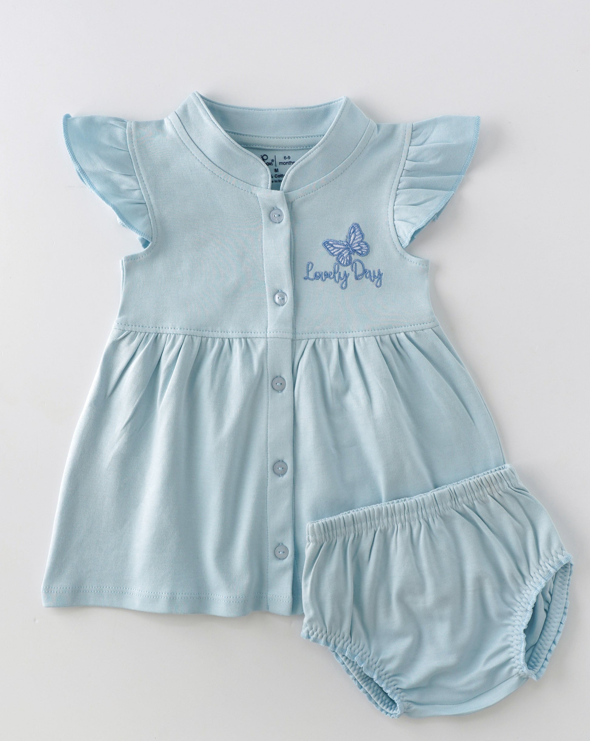 Lovely Cotton Dress with Bloomers for Girls - Baby Blue