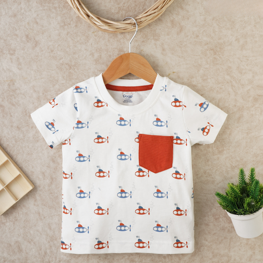 Adventure-Ready White Cotton T-Shirt for Boys: Submarine Print Fun